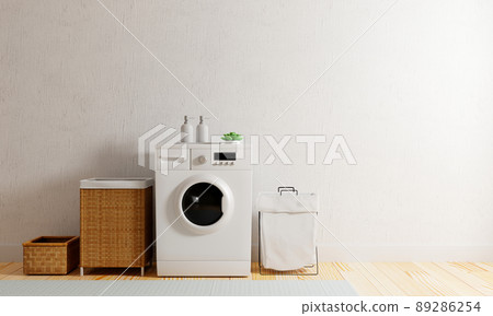 Washing machine in the kitchen with copy space. Laundry and interior concept. 3D illustration rendering 89286254