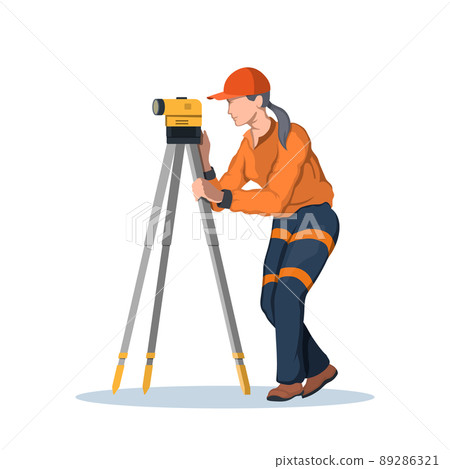 Civil engineer uses theodolite. Survey equipment. Builder with topographic tool. Isolated industrial scene. Girl with geodesic laser level 89286321