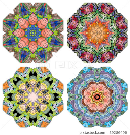 Hand drawn zentangle set of 4 color mandalas for decoration 89286496