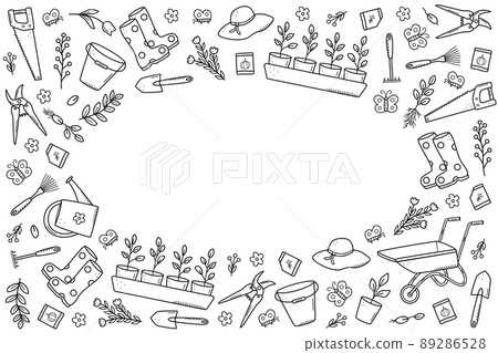 Garden tools and plants, a set of vector doodle illustrations. Concept gardening, a summer hobby 89286528