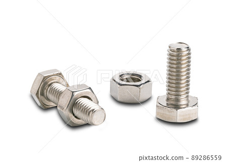 Side view of stainless steel screws and nuts isolated on white background. Side view of stainless steel screws and nuts isolated on white background. 89286559