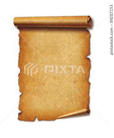 Old mediaeval paper sheet. Parchment scroll isolated on white with shadow 89287153