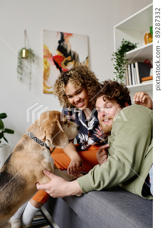Smiling multiethnic couple resting on sofa at home communicating and playing with their dog 89287332