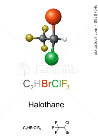 Halothane, ball-and-stick model, molecular and chemical formula. General anaesthetic, given by inhalation, used to induce or maintain anaesthesia. Displaced in many developed nations by newer agents. Halothane, ball-and-stick model, molecular and chemical formula. General anaesthetic, given by inhalation, used to induce or maintain anaesthesia. Displaced in many developed nations by newer agents. 89287646