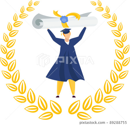 University graduate young man raised a huge diploma up. 89288755