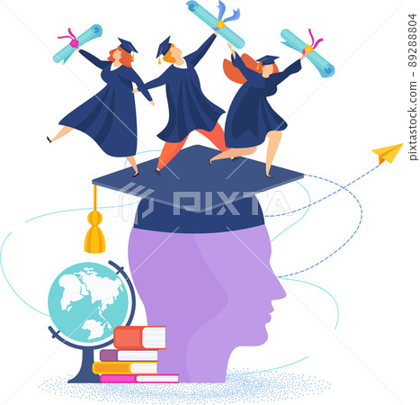 Happy Young Group Graduation Dancing and Jumping on Huge Head. 89288804