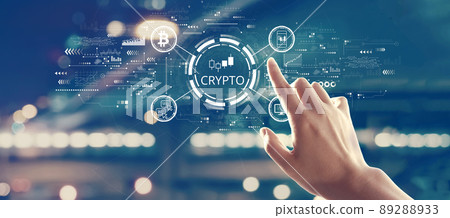 Crypto Trading theme with hand pressing a button Crypto Trading theme with hand pressing a button 89288933