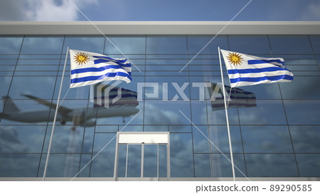 Waving flags of Uruguay in the airport and landing airplane. 3D rendering Waving flags of Uruguay in the airport and landing airplane. 3D rendering 89290585