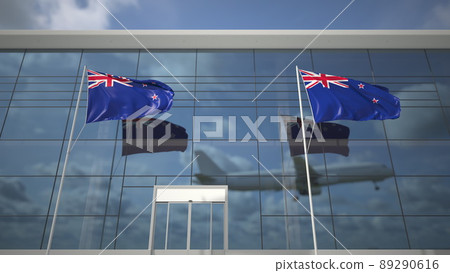 Flags of New Zealand in the airport and landing commercial plane. 3D rendering 89290616