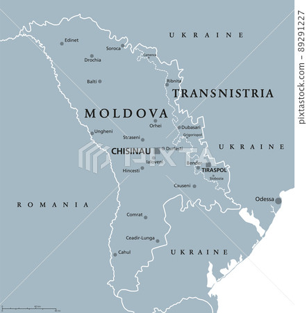 Moldova and Transnistria, gray political map. Republic of Moldova, with capital Chisinau, and Pridnestrovian Moldavian Republic, PMR, a disputed and unrecognized breakaway state with capital Tiraspol. 89291227