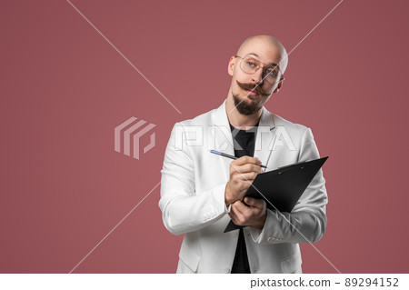 Young Professor with clipboard and pen wearing glasses. People emotions and education concept 89294152