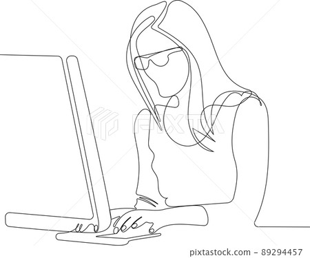 One single line drawing of young woman home office - Stock Illustration  [89294457] - PIXTA