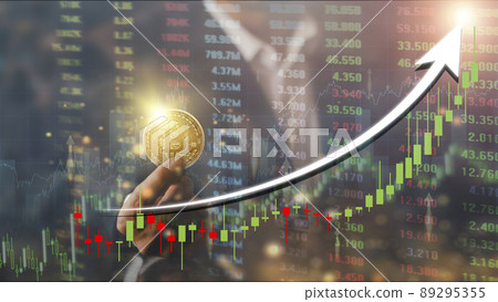 Hands of businessman with gold bitcoin coin. Volatile business graph on global network, Financial, Stock market, Cryptocurrency and investment. Stock market graph up. New Virtual money concept 89295355