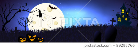 Scary gloomy night abandoned cemetery on the background of the castle 89295766