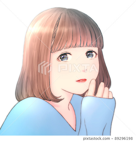 Color illustration of a young woman with shiny bob hair, no background, clothes = blue, flipped version Color illustration of a young woman with shiny bob hair, no background, clothes = blue, flipped version 89296198