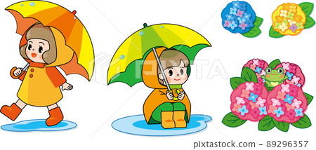 插圖集兒童、繡球花和青蛙戴著雨傘和雨衣 插圖集兒童、繡球花和青蛙戴著雨傘和雨衣 89296357