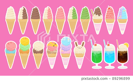 Cute sticker-style soft serve ice cream cream soda illustration set 89296899