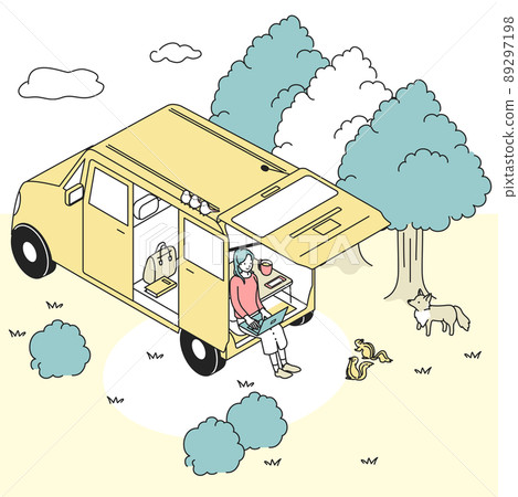 A woman who uses a car to worcate in nature A woman who uses a car to worcate in nature 89297198