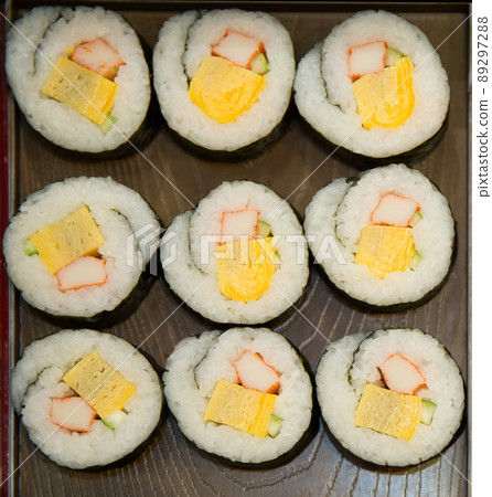 Top view of Sweet Egg Sushi with Crab Stick Top view of Sweet Egg Sushi with Crab Stick 89297288