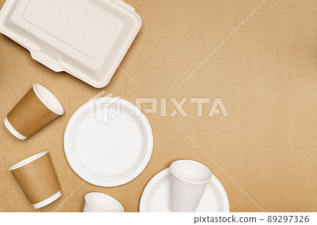 Eco friendly concept, Food container consist of box plate and paper cup made from natural fiber Eco friendly concept, Food container consist of box plate and paper cup made from natural fiber 89297326