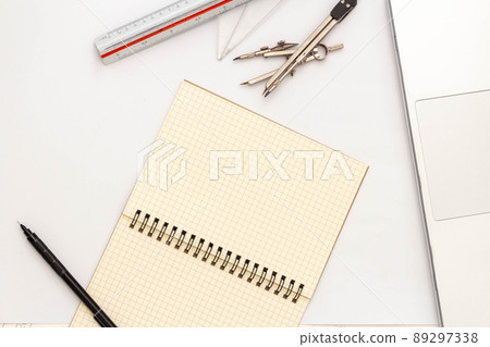 Mockup of architectural concept, Drawing tools on white paper background 89297338