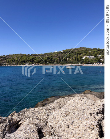 Summer Travel Vacation. View On Beautiful Beach On Greece Shore. Summer Travel Vacation. View On Beautiful Beach On Greece Shore. 89297598