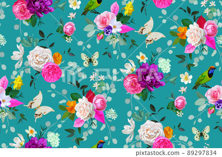 Boho seamless pattern with roses and tulips 89297834