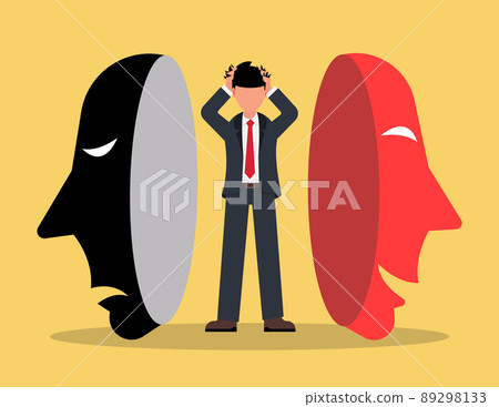 Fake faces and emotions. Businessman searching identity masks with happy or sad expressions 89298133