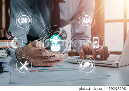 Technical support customer service concept, Person hand using smart phone with VR screen support customer icon, Technology internet concept, it support, call center and customer service help. Technical support customer service concept, Person hand using smart phone with VR screen support customer icon, Technology internet concept, it support, call center and customer service help. 89298298