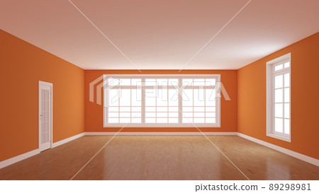 Beautiful Empty Room with Orange Walls, Light Parquet Floor, Large Full Wall Window, a White Door and a Window Opposite, Interior Concept. 3D render with a Work Path on Windows. 8K Ultra HD 7680x4320 Beautiful Empty Room with Orange Walls, Light Parquet Floor, Large Full Wall Window, a White Door and a Window Opposite, Interior Concept. 3D render with a Work Path on Windows. 8K Ultra HD 7680x4320 89298981