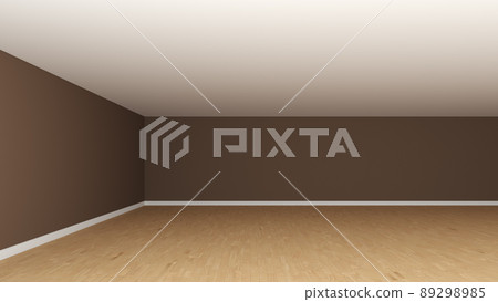 Empty Interior Corner without Furniture, Frontal View. Room Concept with Dark Brown Walls, White Ceiling, Wooden Parquet Floor and a White Plinth. 3d illustration, 8K Ultra HD, 7680x4320, 300 dpi Empty Interior Corner without Furniture, Frontal View. Room Concept with Dark Brown Walls, White Ceiling, Wooden Parquet Floor and a White Plinth. 3d illustration, 8K Ultra HD, 7680x4320, 300 dpi 89298985