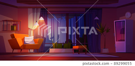 Night Living room interior with panoramic windows 89299055