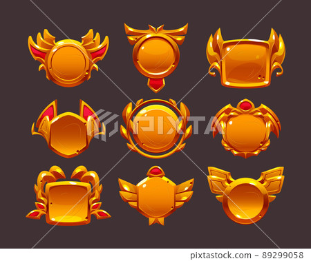 Golden game award badges, level icons, gold frames 89299058