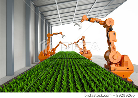 Agriculture technology concept with robotic arms in  greenhouse 89299260