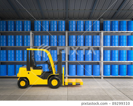 Forklift truck with blue barrels in warehouse Forklift truck with blue barrels in warehouse 89299310