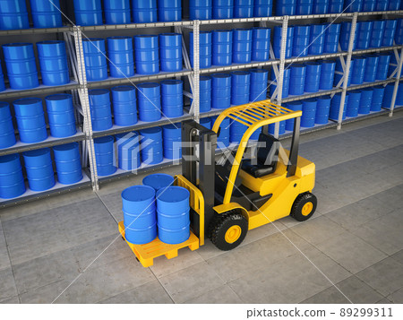 Forklift truck with blue barrels in warehouse 89299311