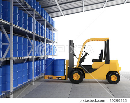 Forklift truck with blue barrels in warehouse Forklift truck with blue barrels in warehouse 89299313