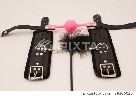 Leather Handcuffs, Feathered and ball gag fetish equipment Leather Handcuffs, Feathered and ball gag fetish equipment 89300029