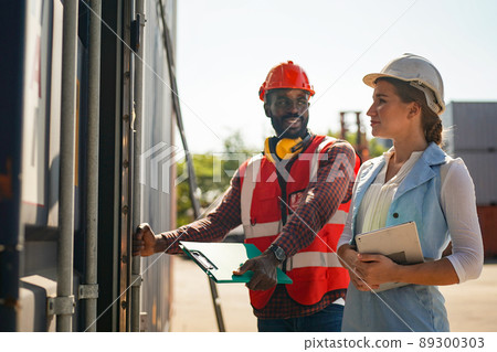 Foreman control Industrial Container Cargo freight ship at industry. Transportation and logistic. Foreman control Industrial Container Cargo freight ship at industry. Transportation and logistic. 89300303