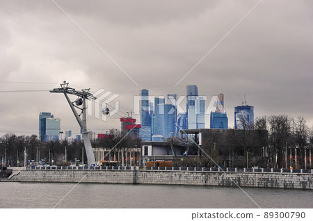 view of the Moscow city business district and the Luzhniki cable car in Moscow 89300790