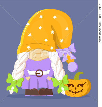 Halloween gnome vector. Funny girl dwarf illustration. Hallowen troll with pumpkin 89301944