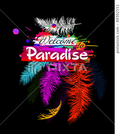 Carnival with colorful feathers. Welcome to Paradise. Vector illustration 89302551