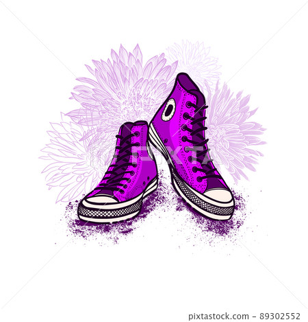 Violet sneakers with flowers. T-shirt print. Vector illustration Violet sneakers with flowers. T-shirt print. Vector illustration 89302552
