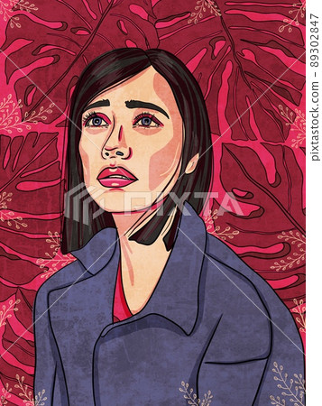 Girl looks up with hope on monstera background. Abstract Modern Woman Portrait. Women empowerment. Minimalist Female simple contemporary art. Floral Hand Drawn Femile poster card, logo, template Girl looks up with hope on monstera background. Abstract Modern Woman Portrait. Women empowerment. Minimalist Female simple contemporary art. Floral Hand Drawn Femile poster card, logo, template 89302847
