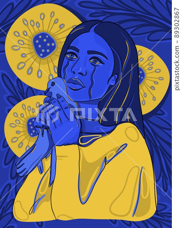 Make peace Poster. Beautiful woman with a dovein hands. Conceptual idea - No war. Support Ukraine. Support for the country during the occupation. Blue yellow colors. Make peace Poster. Beautiful woman with a dovein hands. Conceptual idea - No war. Support Ukraine. Support for the country during the occupation. Blue yellow colors. 89302867