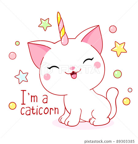 Happy white kitten unicorn. Inscription I'm a caticorn 89303385