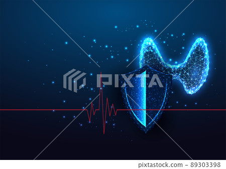 Futuristic thyroid protection, healthcare concept with glowing low poly thyroid gland and shield Futuristic thyroid protection, healthcare concept with glowing low poly thyroid gland and shield 89303398
