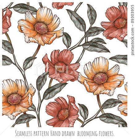 Seamless pattern Hand drawn blooming flowers - Stock Illustration ...