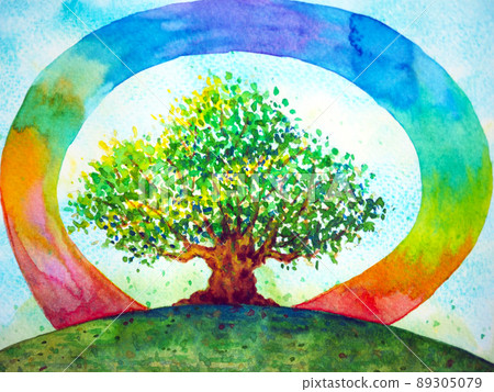 abstract rainbow sky nature tree earth spiritual mind mental healing watercolor painting design illustration drawing holistic art 89305079