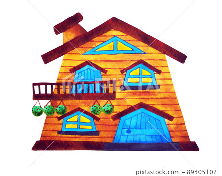 cute minimal home house cottage wood architecture art cartoon watercolor painting illustration design drawing color 89305102